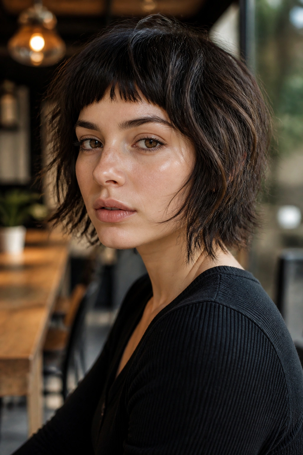 Real woman with micro fringe shaggy bob in sunlit cafe