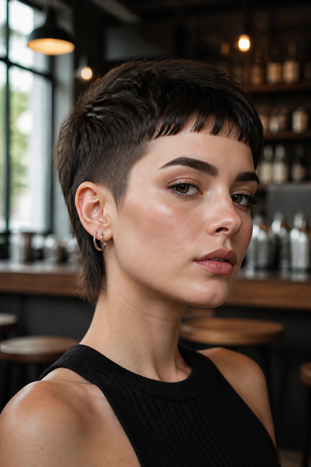 Close-up portrait of a real person with micro fringe and tapered sides on straight hair