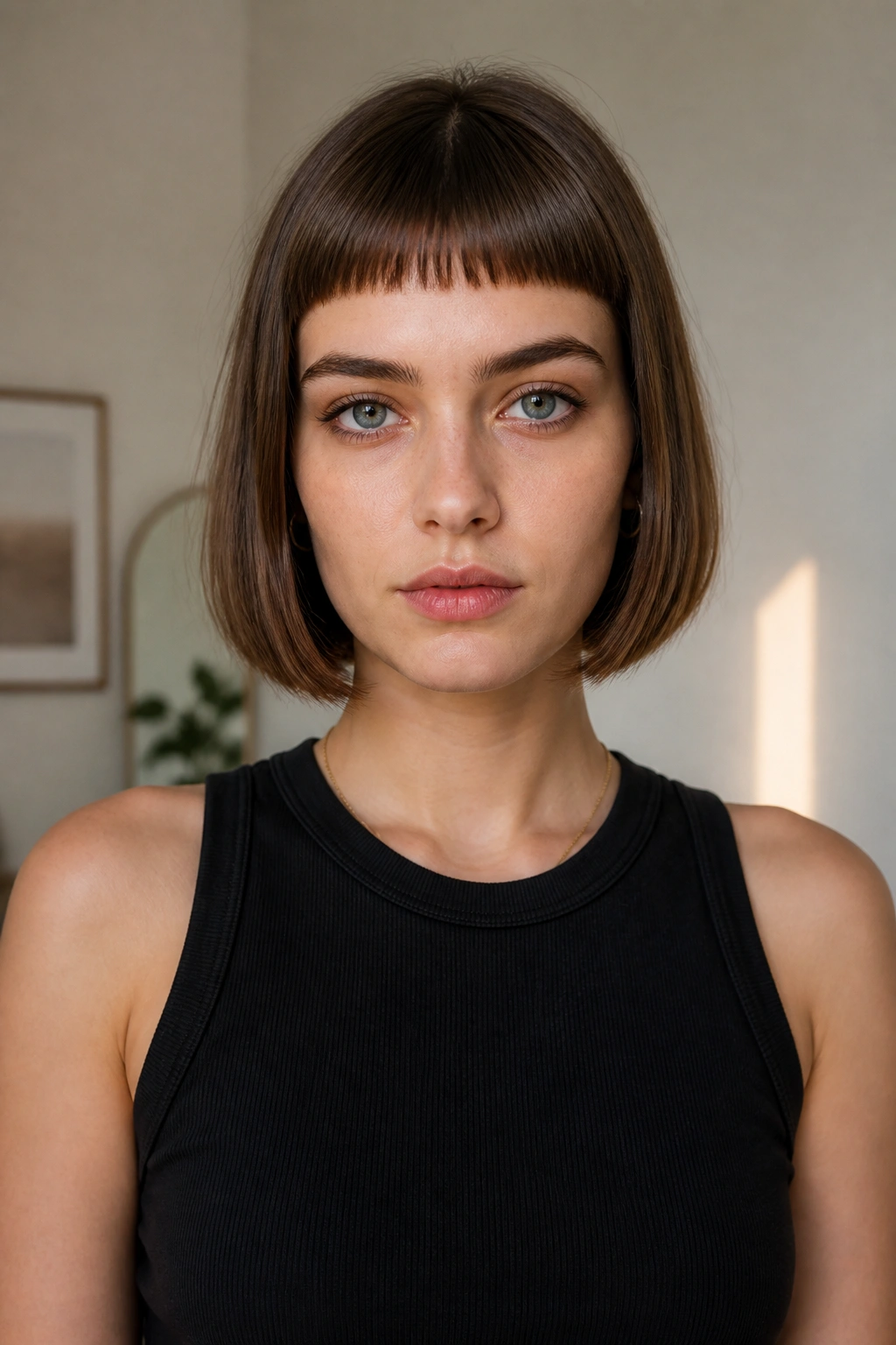 Front portrait of real person with micro fringe varsity bob