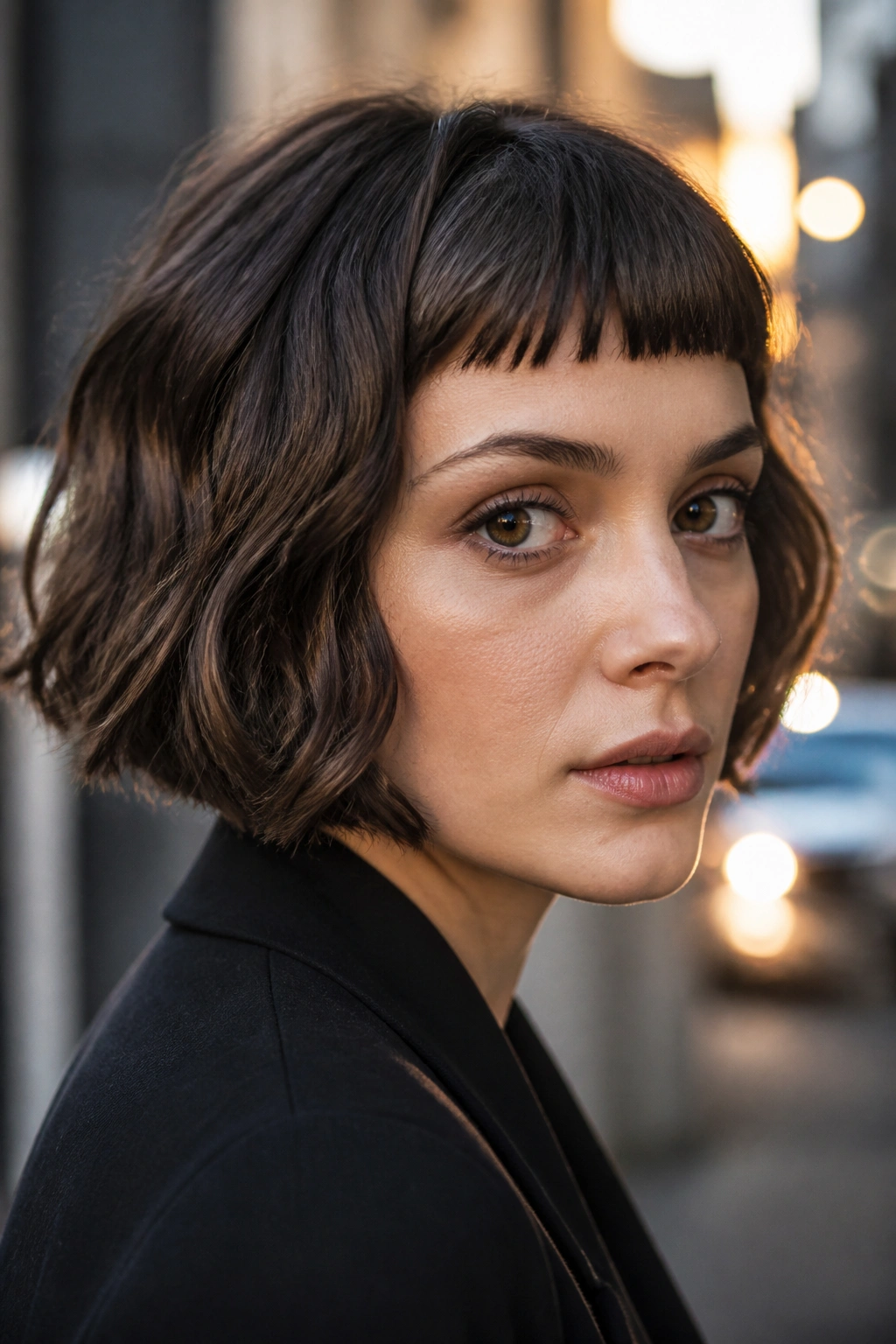Close-up of a real woman with micro-fringe wavy bob on urban street