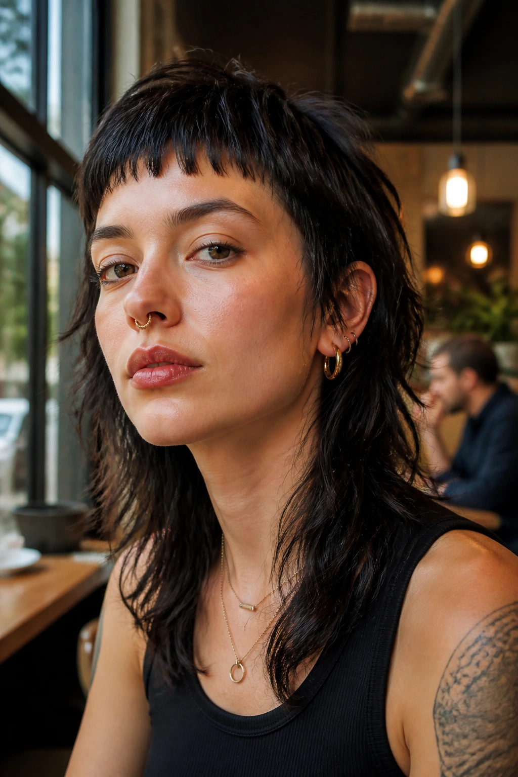 Close-up portrait of a real person with micro fringe wolf cut under warm cafe daylight