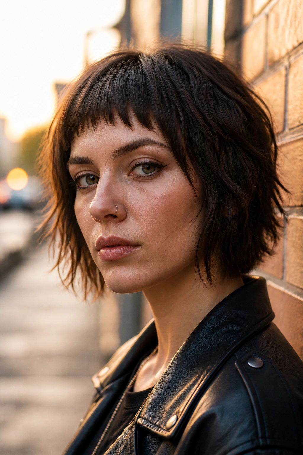 Close-up of a real person with a micro-fringe chin-length wolf cut outdoors at golden hour.