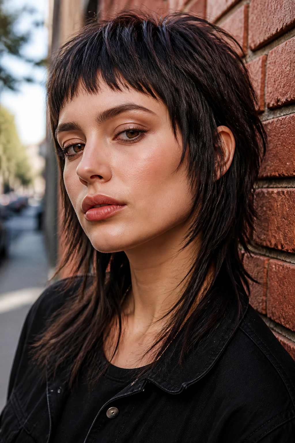 Close-up of real person with micro fringe wolf cut against a brick wall backdrop.