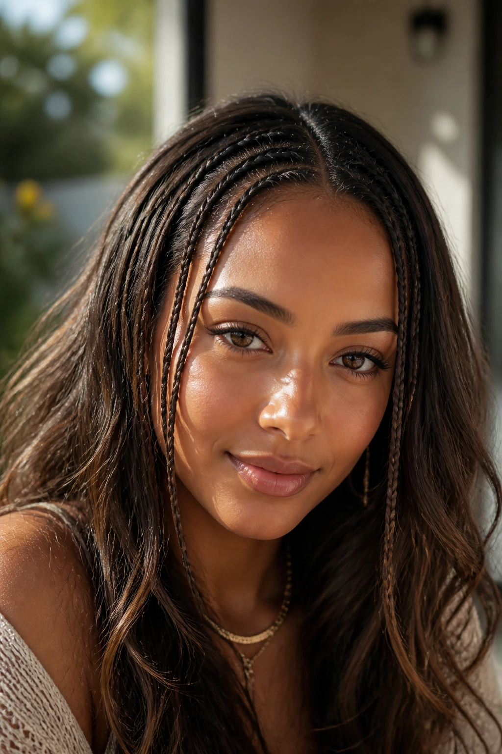 Close-up of a real person with micro front braids along the hairline