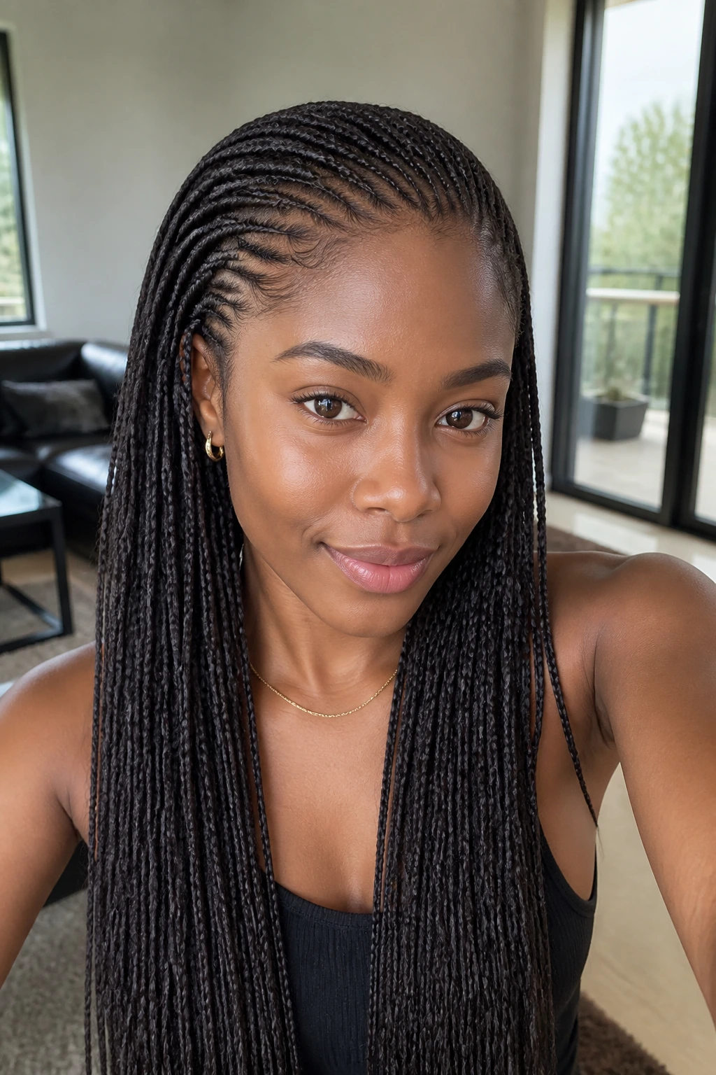 Close-up of a real woman with slim micro Ghana braids in natural light