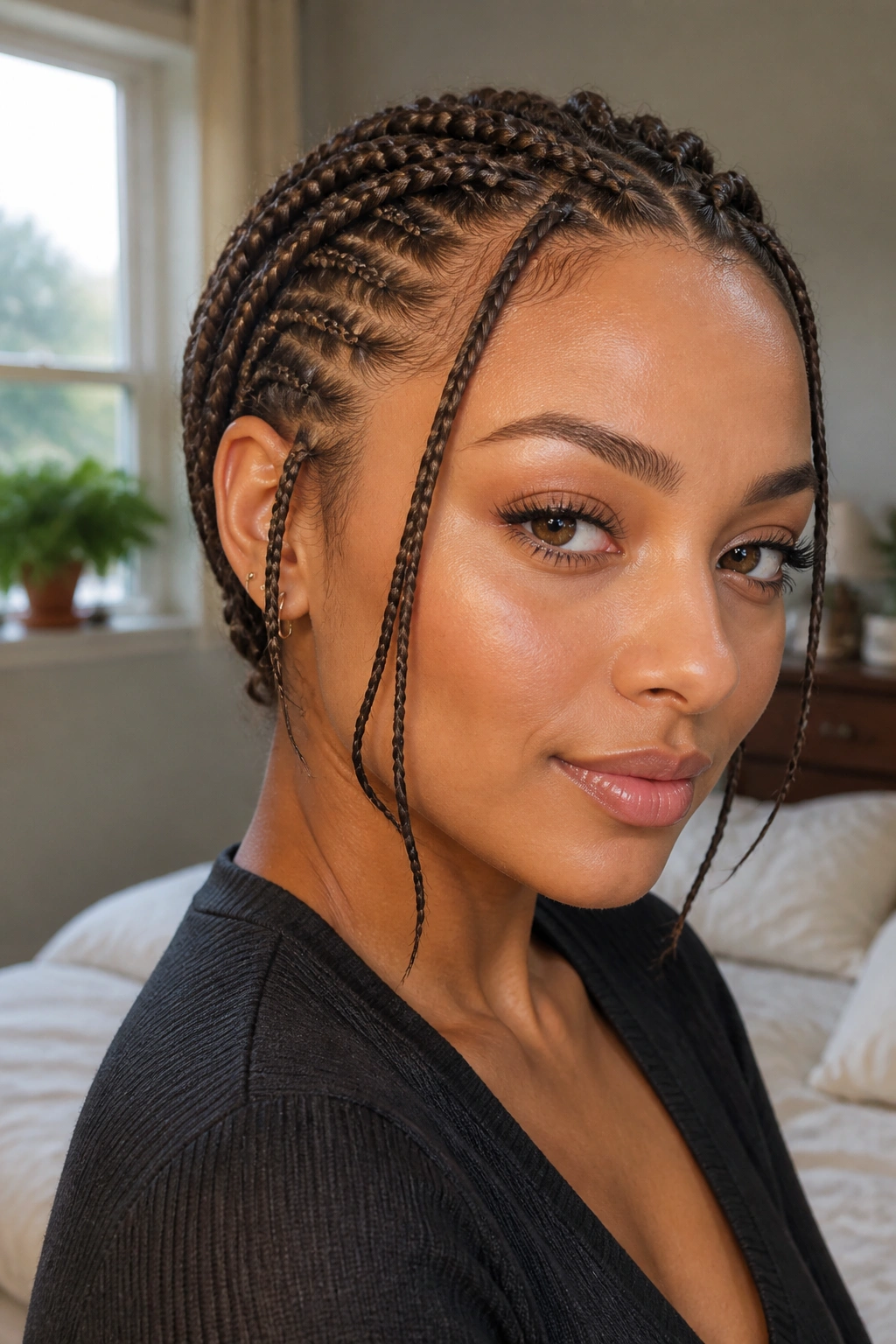 Close-up portrait of a real woman with micro halo braids and face-framing pieces in soft window light.
