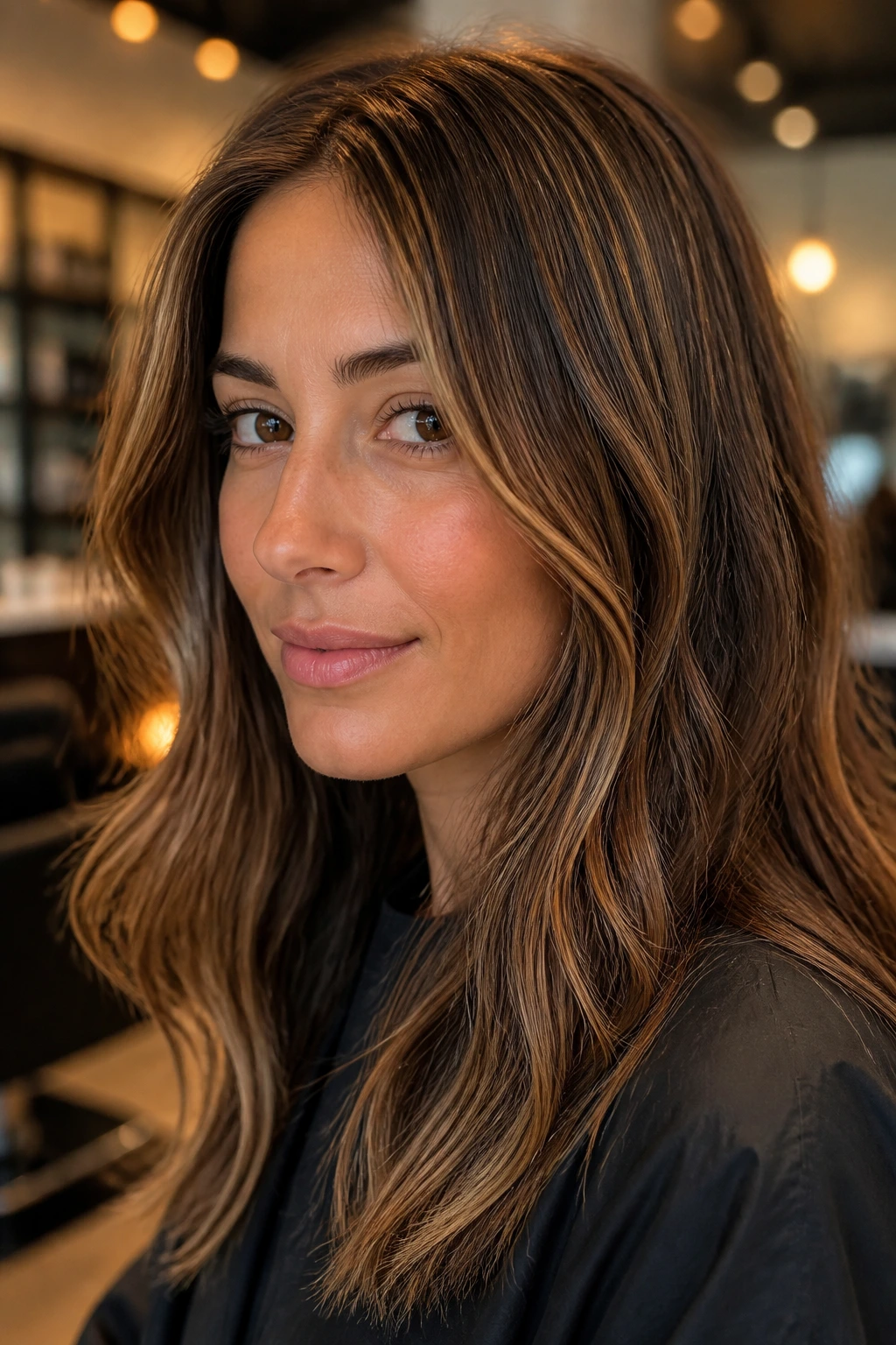 Close-up of a real woman showing subtle micro-highlights caramel glow