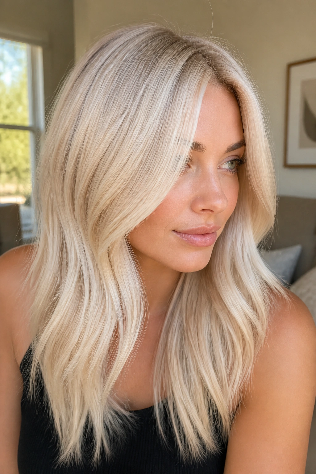 Close-up of real person with micro-lit platinum hair and subtle lowlights