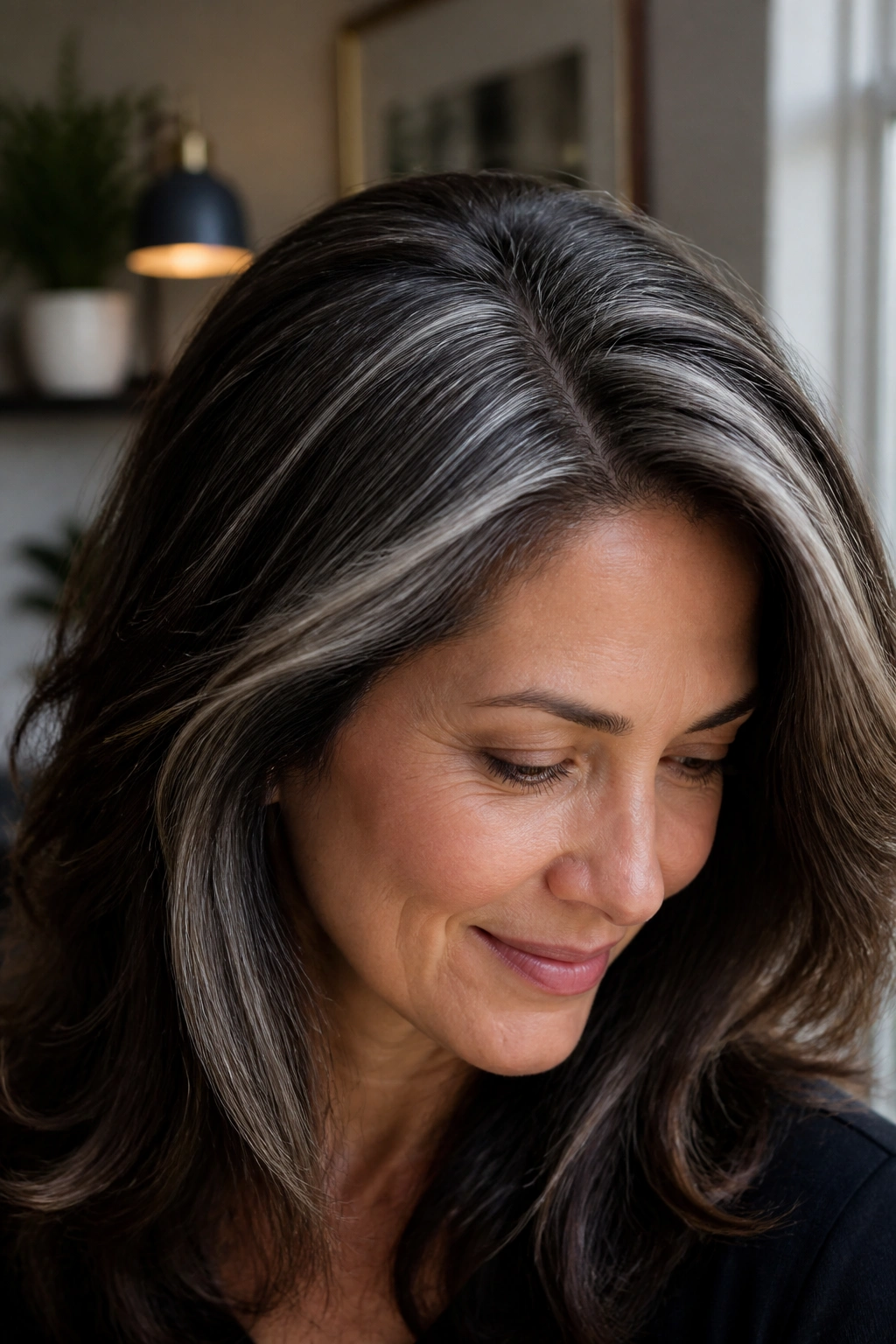 Close-up of micro-highlights blending gray and brunette in real hair