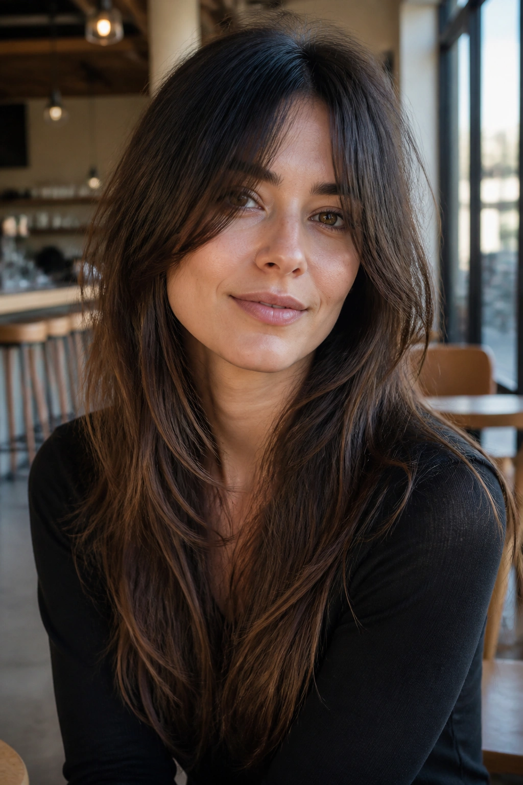 Close-up portrait of a real woman with micro-layer long shag and lifted facial structure
