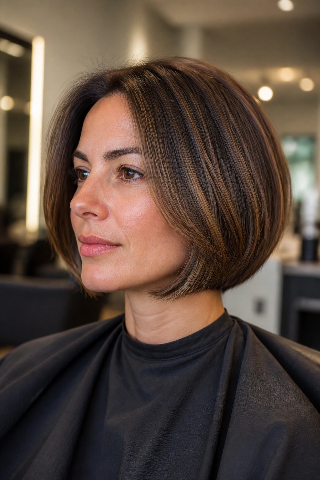 Close-up portrait of a real woman with a micro-layered bob in warm salon lighting