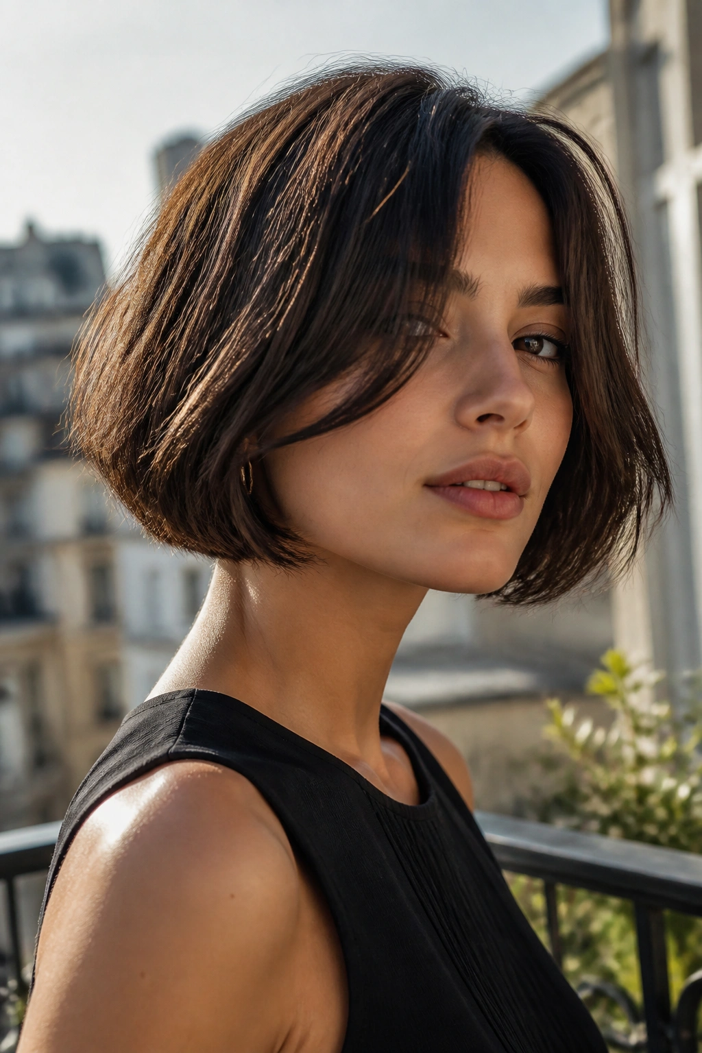 Close-up portrait of a real woman with micro-layered Italian bob showing subtle interior layers
