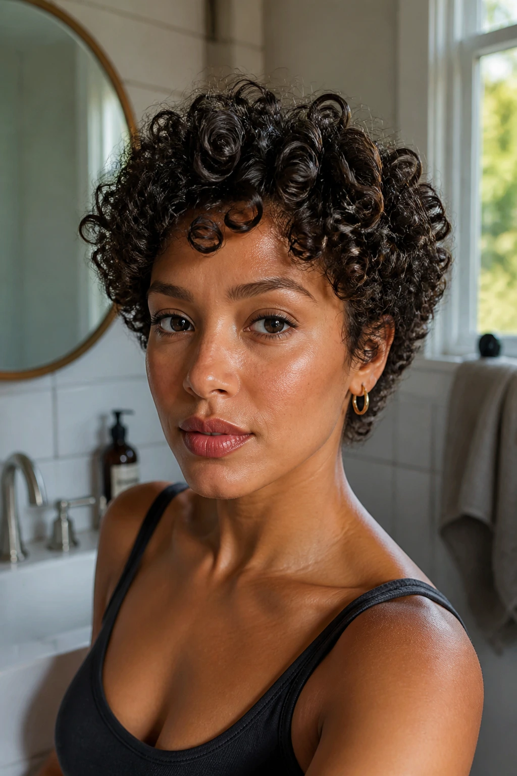 Close-up portrait of a real person with a micro-layered crop on dense curls in a softly lit home bath