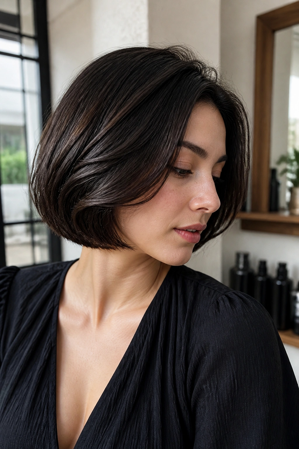 Close-up of a real woman with micro-layered French bob showing inner layers.
