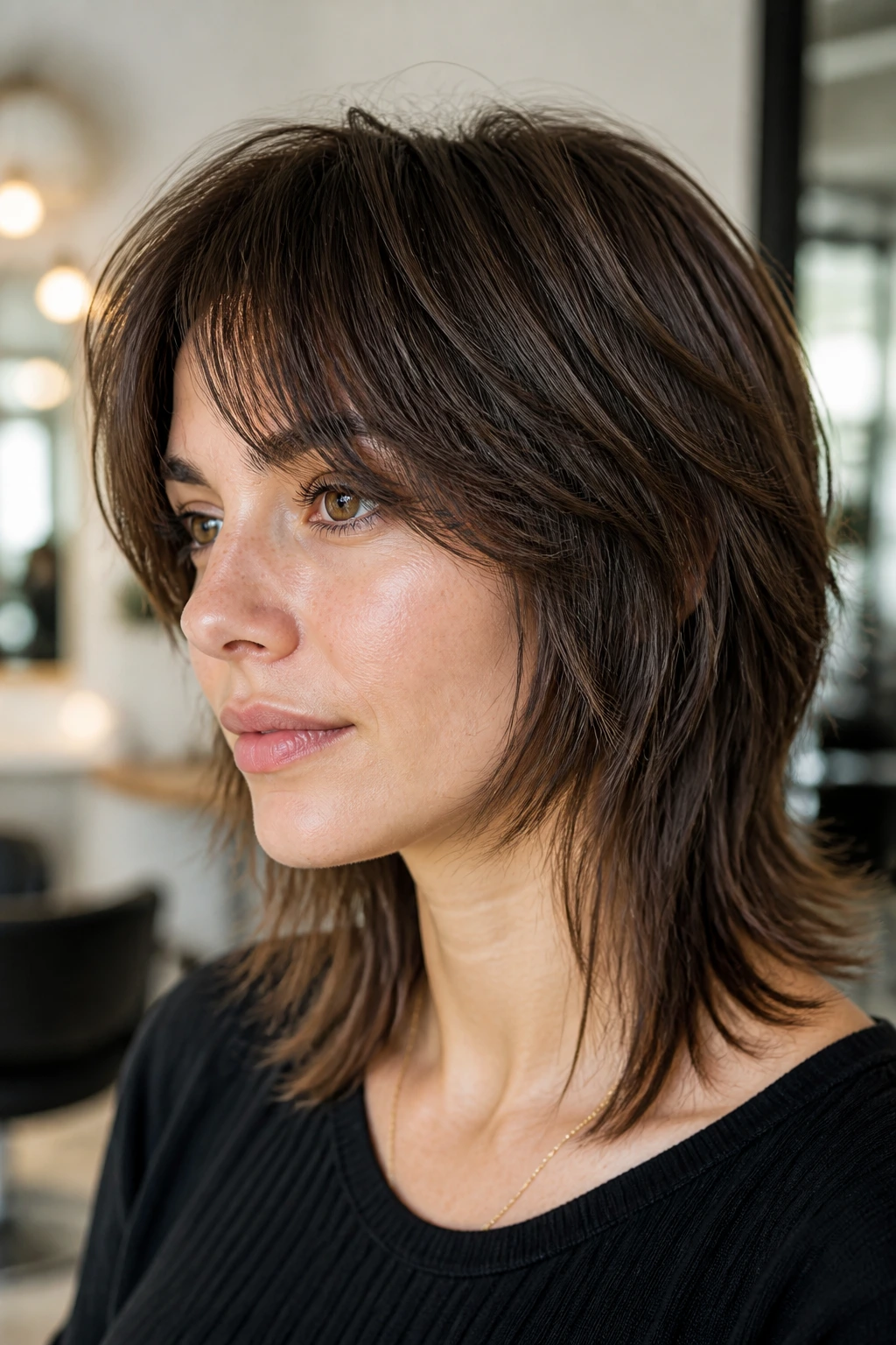 Close-up of a real person with micro-layered wolf cut for fine medium hair in bright salon light