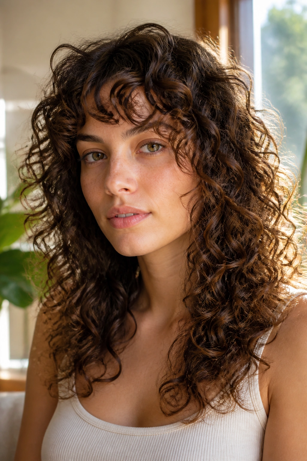 Close-up of a real woman with micro-layers on fine curls showing lift and density.