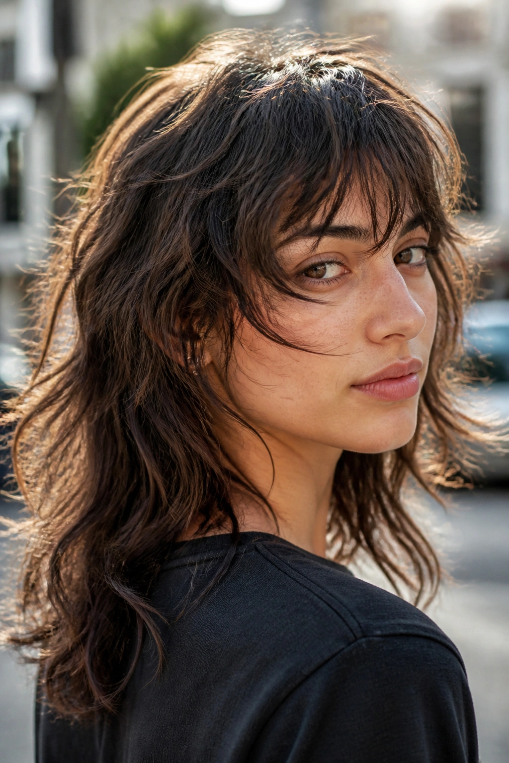 Portrait of a real person with a shaggy wolf cut and micro layers outdoors.