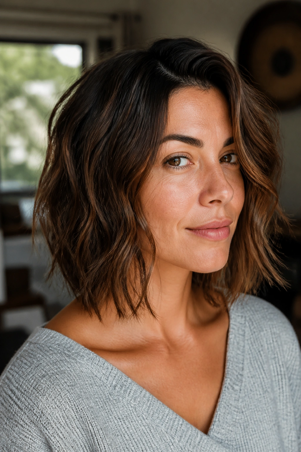 Shoulder-length wavy bob with micro-layers and tousled texture
