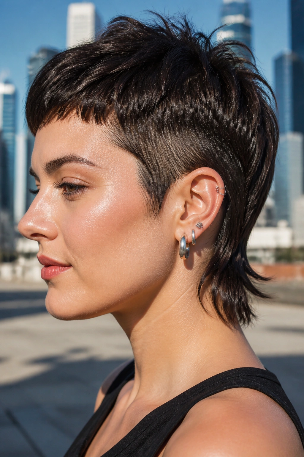 Close-up headshot of a real person with a micro mullet showing short top and a tiny back tail.