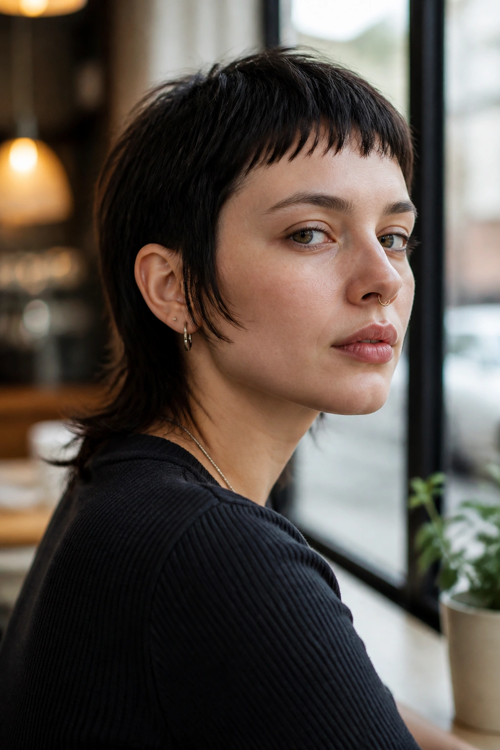 Close-up portrait of a real woman with a micro mullet sitting at the jaw
