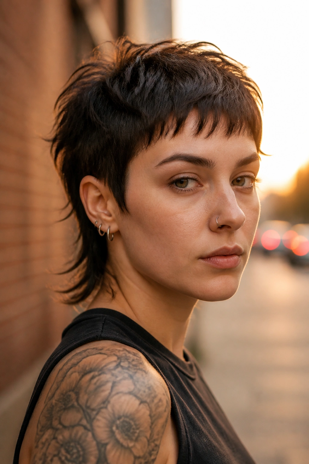 Close-up portrait of a real woman with micro mullet shag hairstyle outdoors in golden hour light