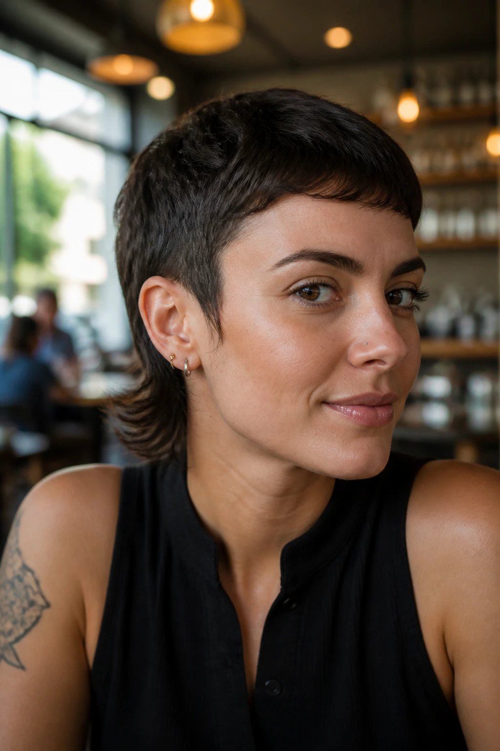 Close-up of a real woman with a micro mullet and soft sides, short sides and longer back.
