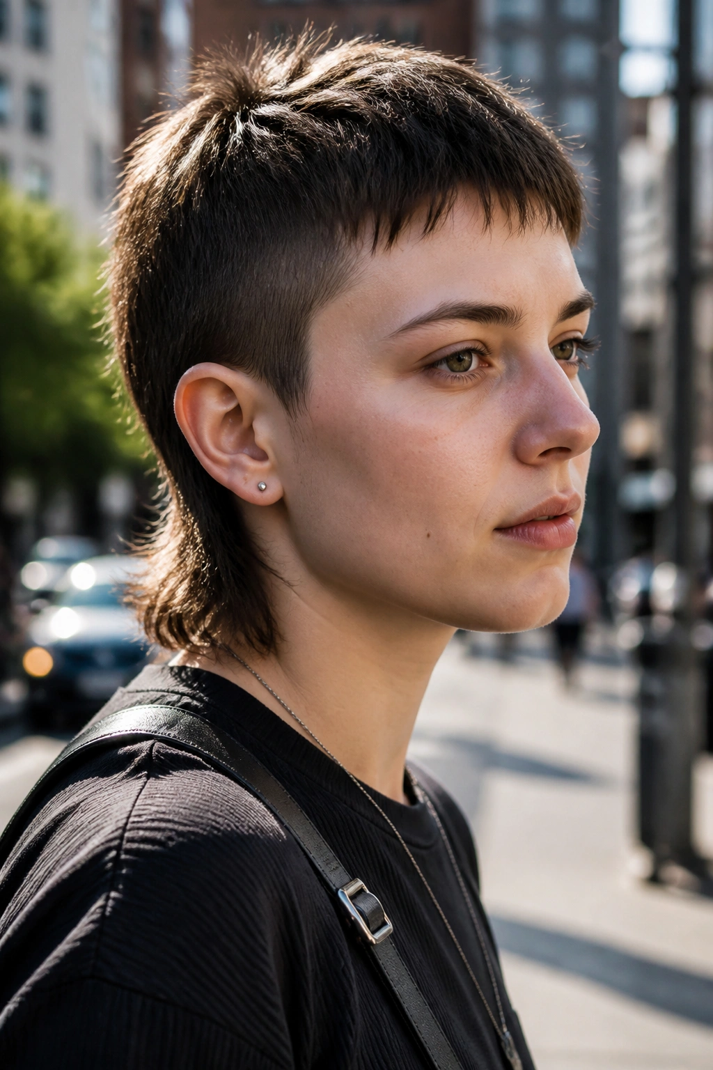 Close-up portrait of a real person with a micro-mullet wolf cut, short sides and longer back