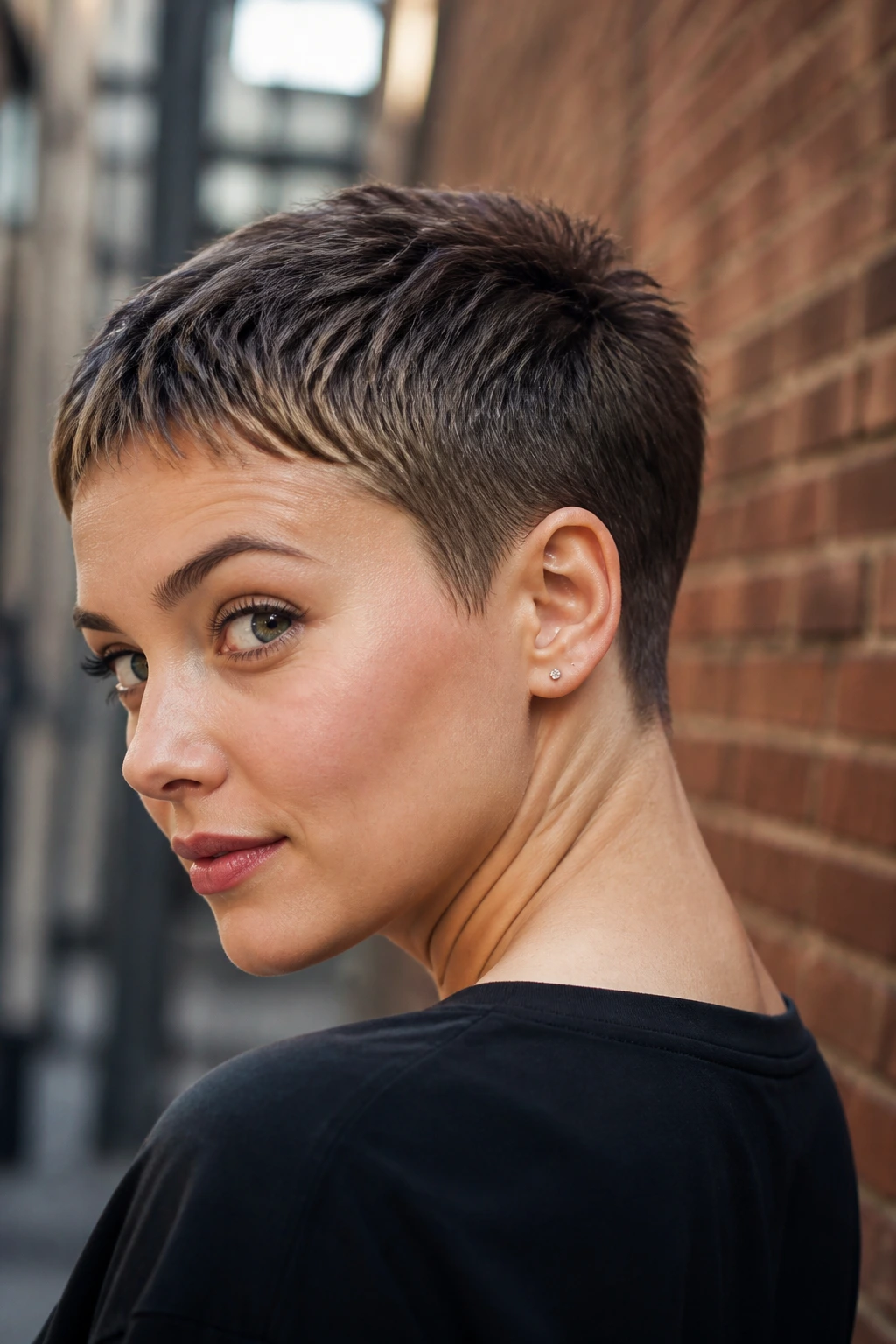 Close-up of a real person with a micro pixie and clean nape