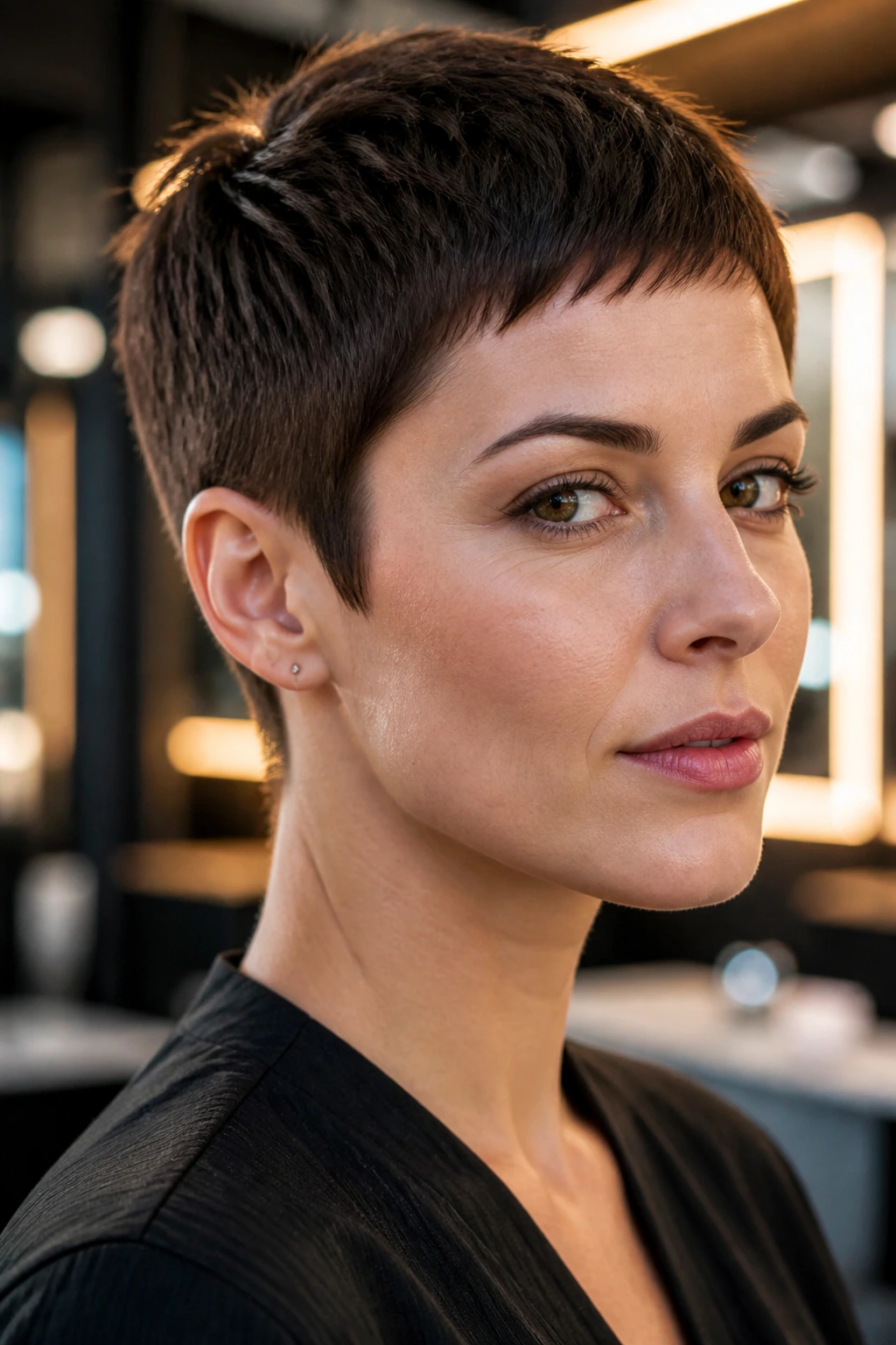 Close-up portrait of a real person with a micro pixie and clean edges