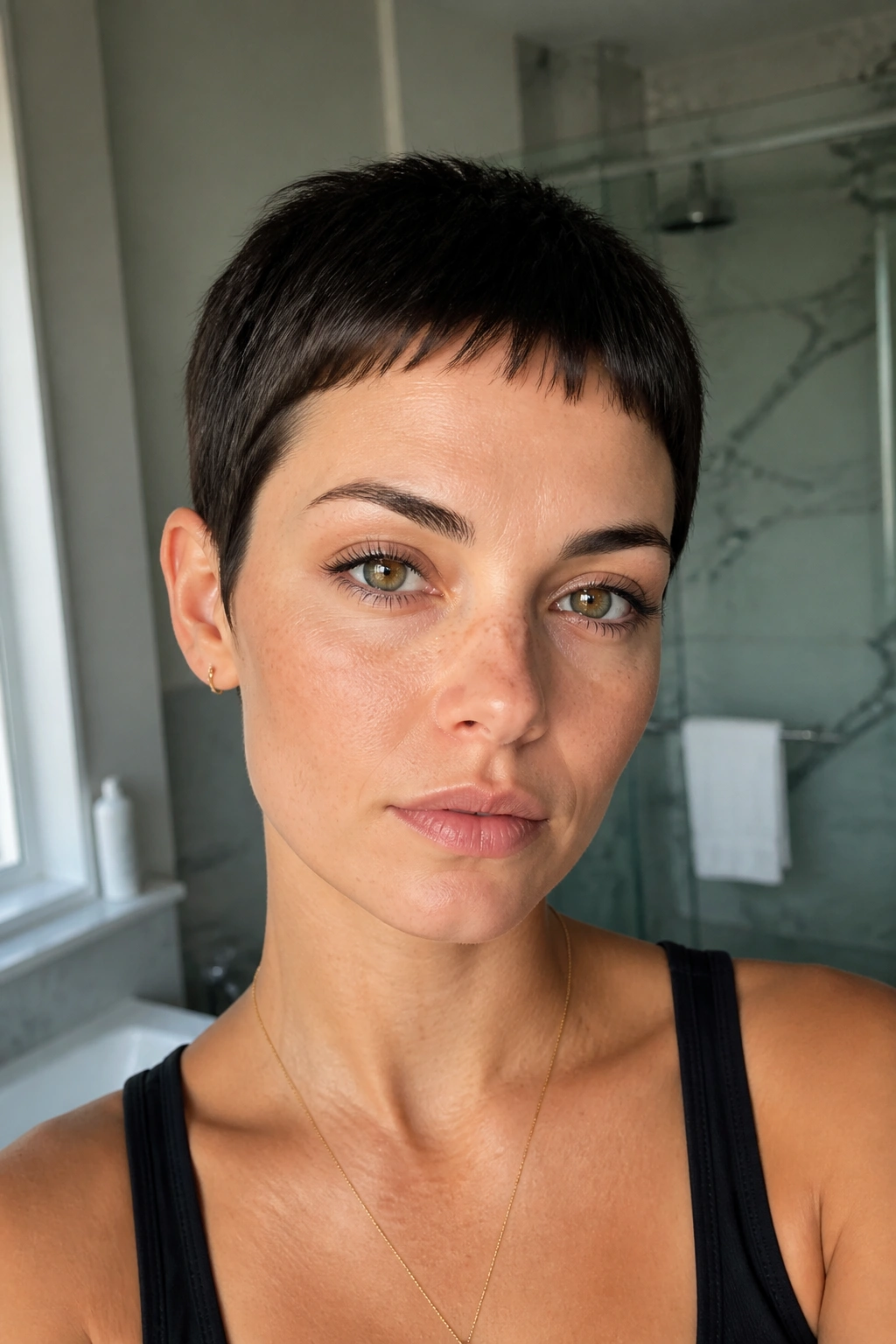 Close-up of a woman showing a micro pixie haircut with a tiny fringe