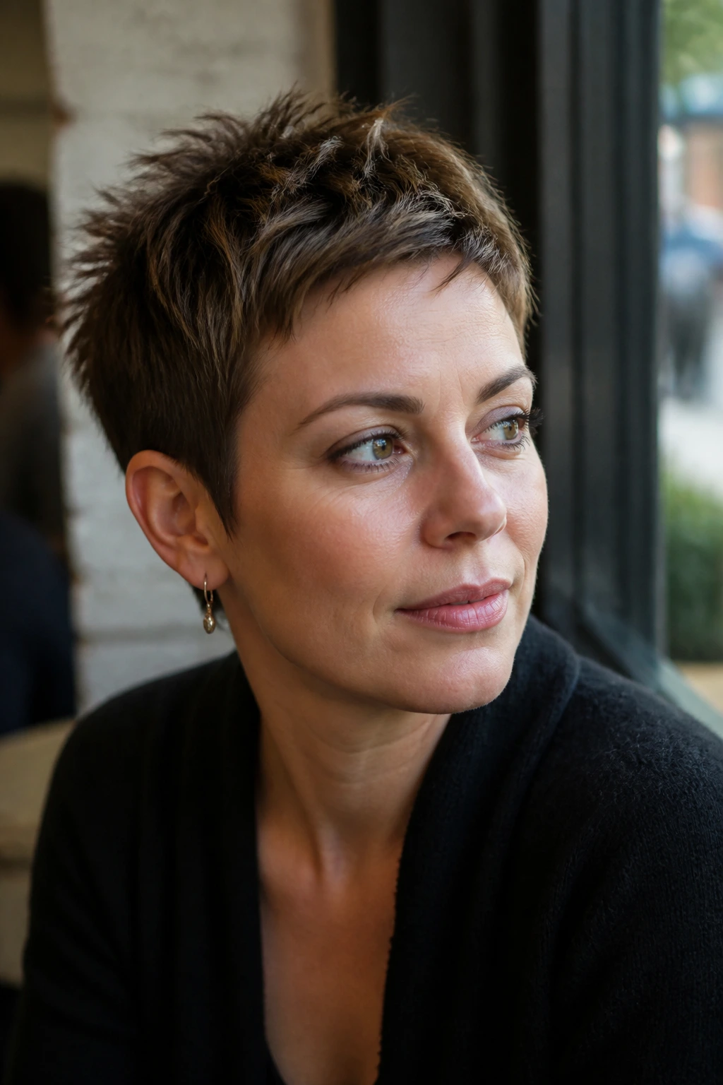 Close-up portrait of a real woman with micro pixie cut and choppy texture in daylight
