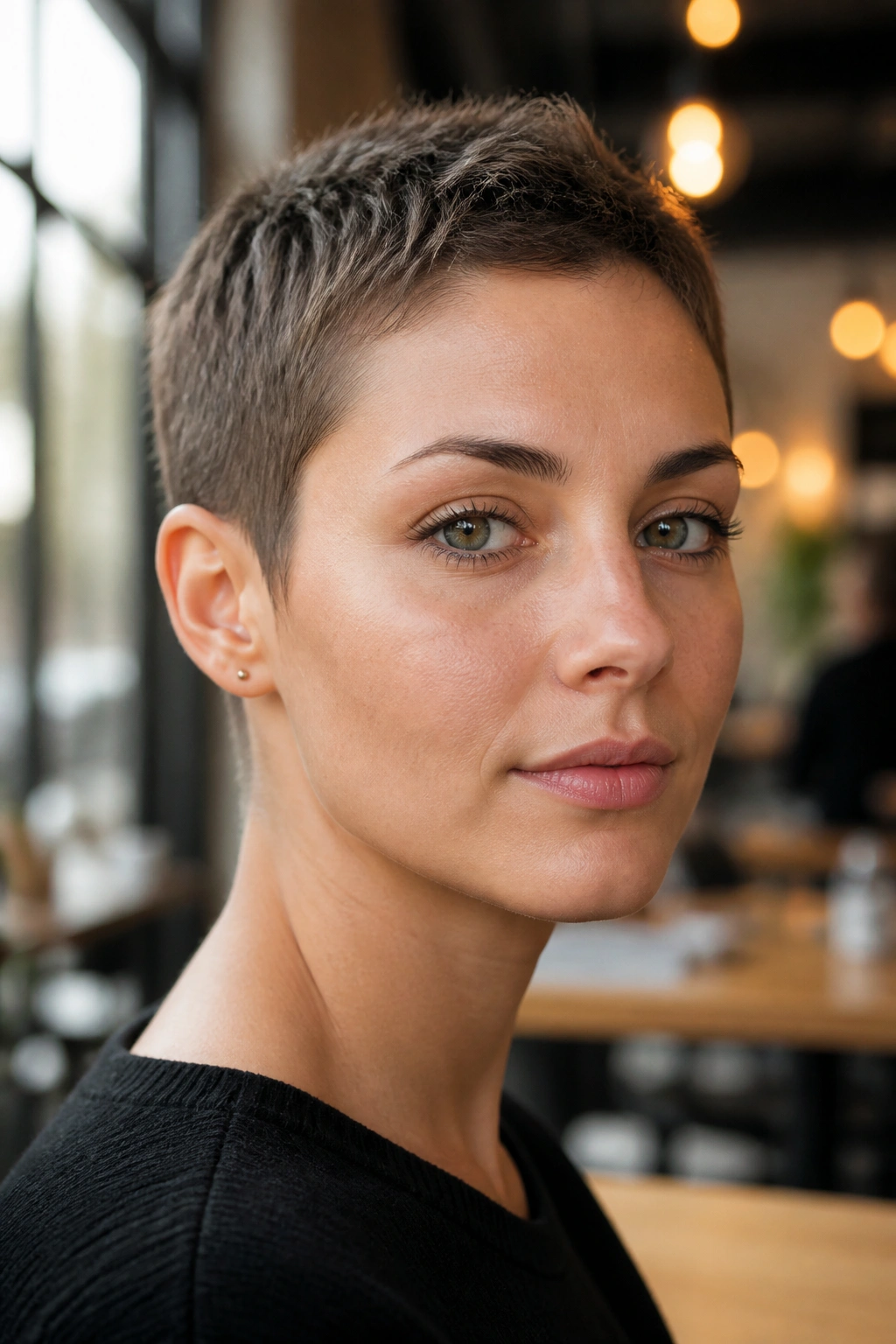Close-up portrait of real person with micro pixie cut