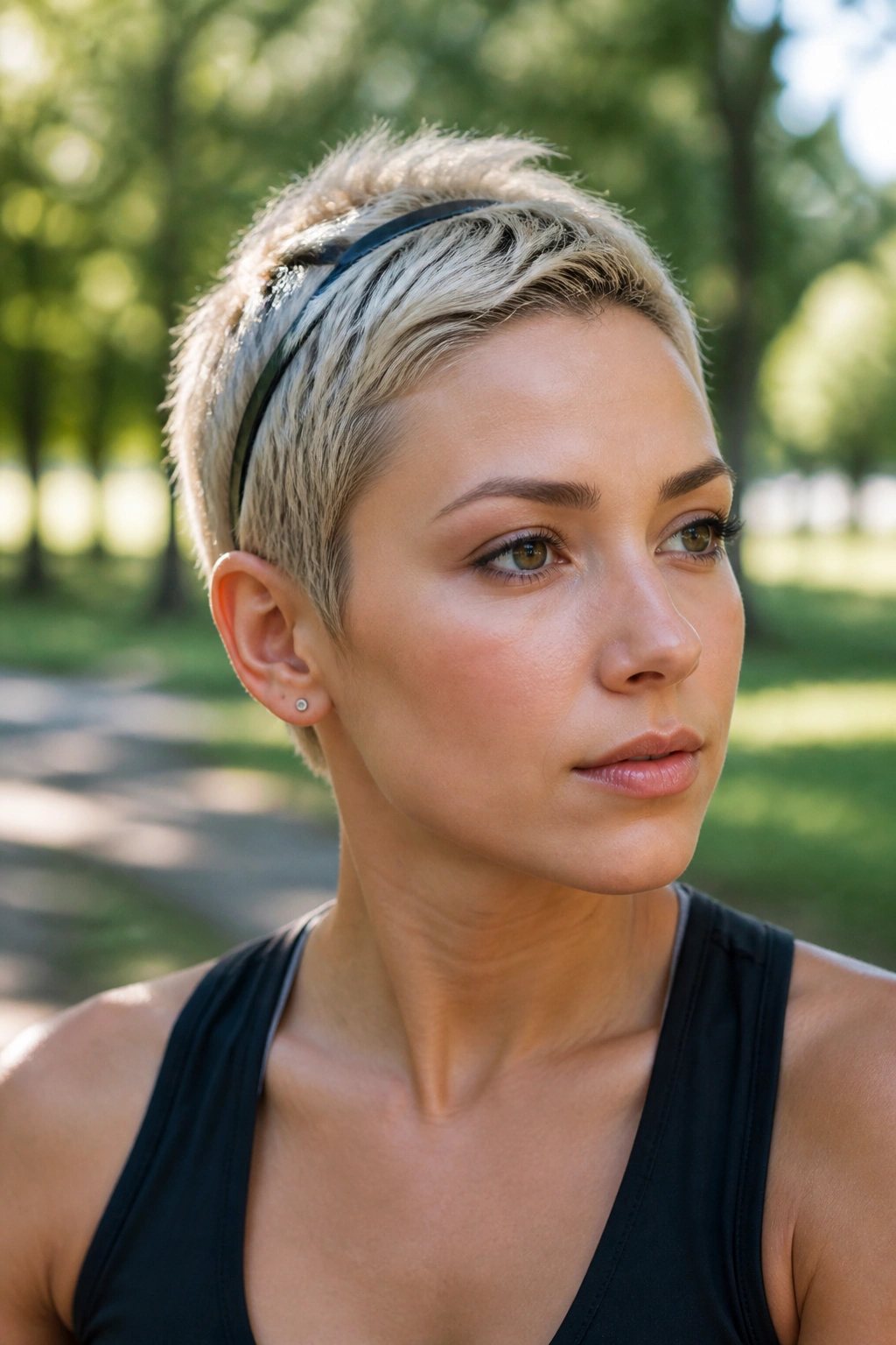 Close-up portrait of a real woman with a micro pixie and sporty elastic band.