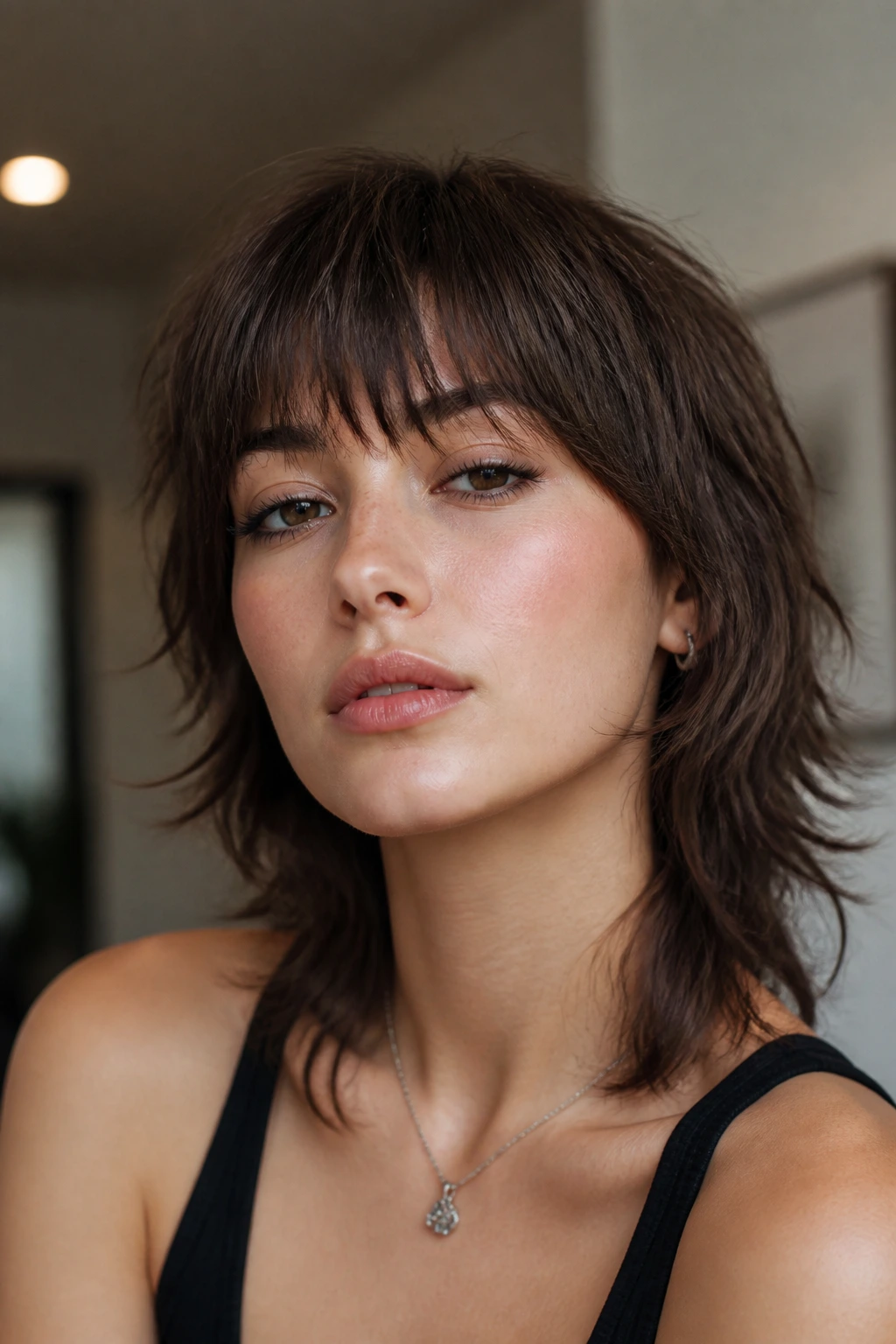 Real person with micro shag and brow-grazing bangs