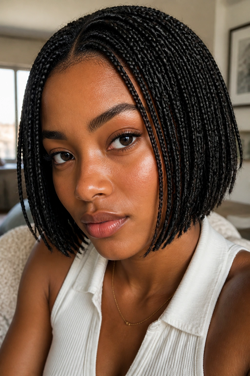 Real woman with micro short box braids in cozy indoor setting