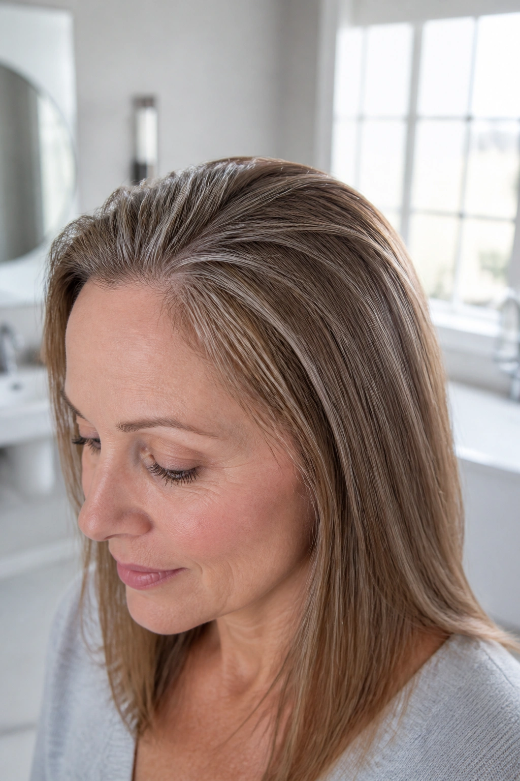 Close-up of fine brown hair with micro silver highlights at crown and hairline.