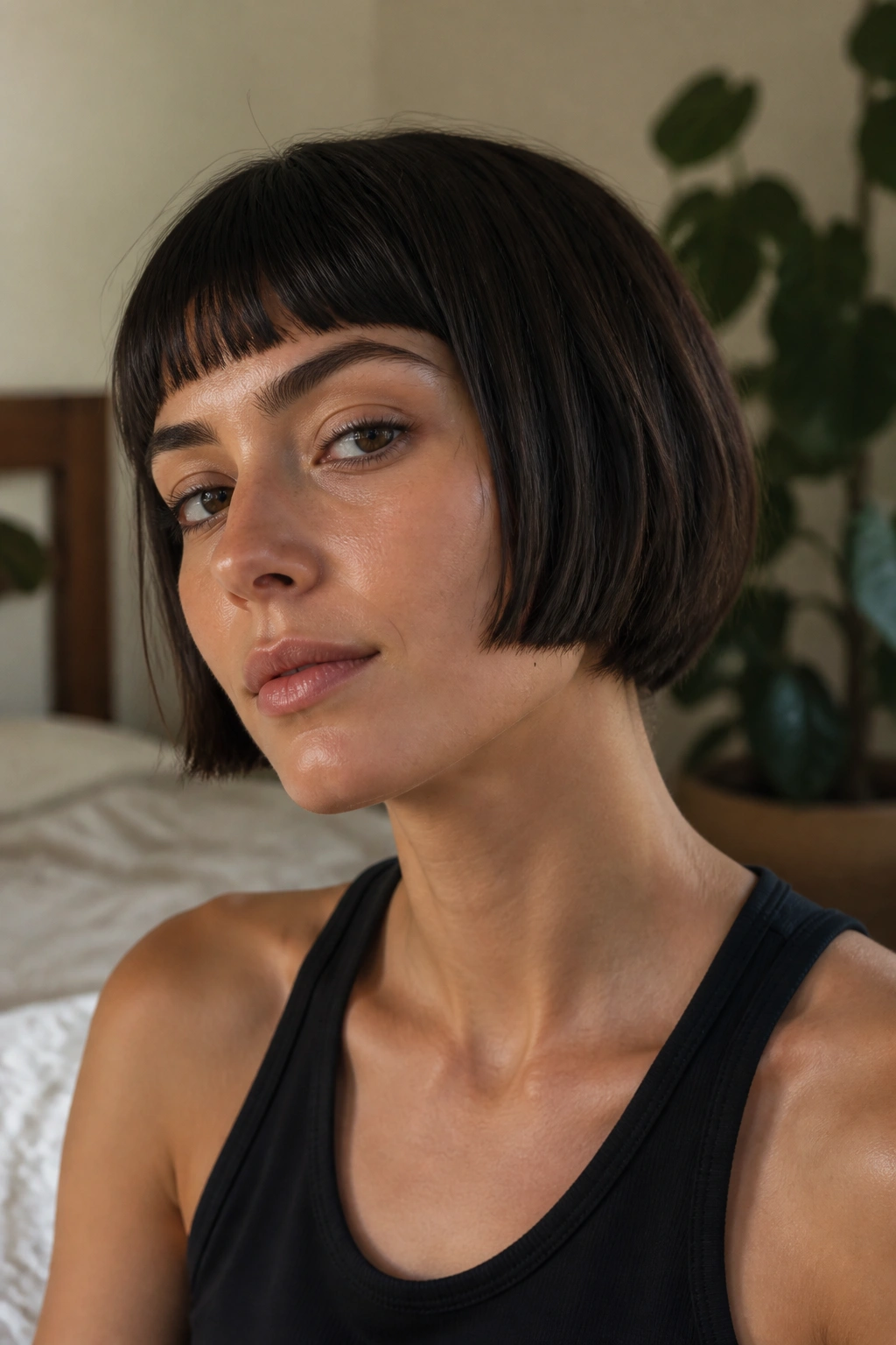 Close-up of a real woman with a micro sliced bob above the jaw, soft window light