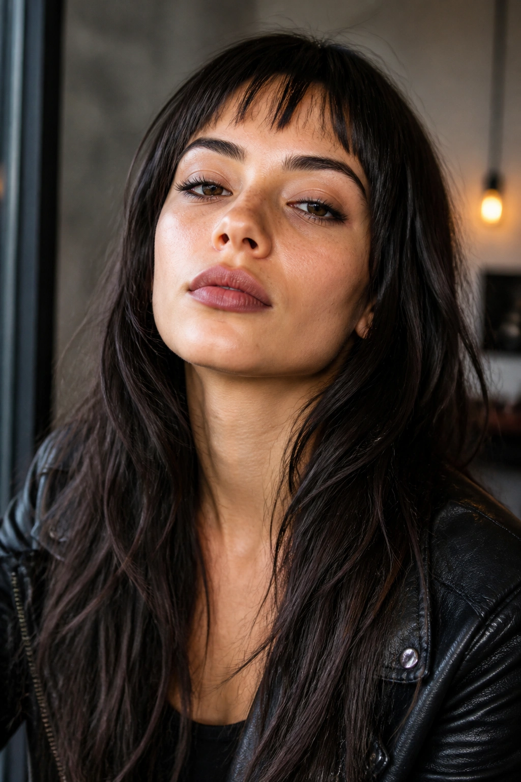 Close-up of a woman with micro wispy bangs above the brows and long hair behind