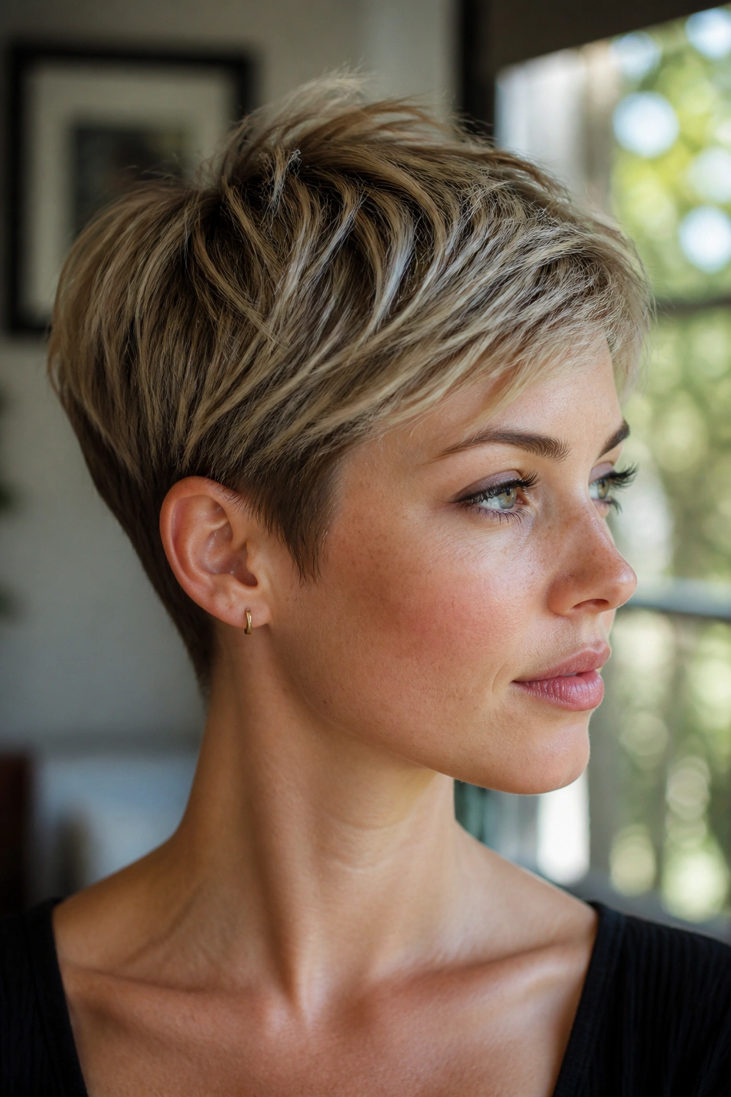 Close-up of a pixie-cut with micro babylights along the crown and hairline in natural daylight