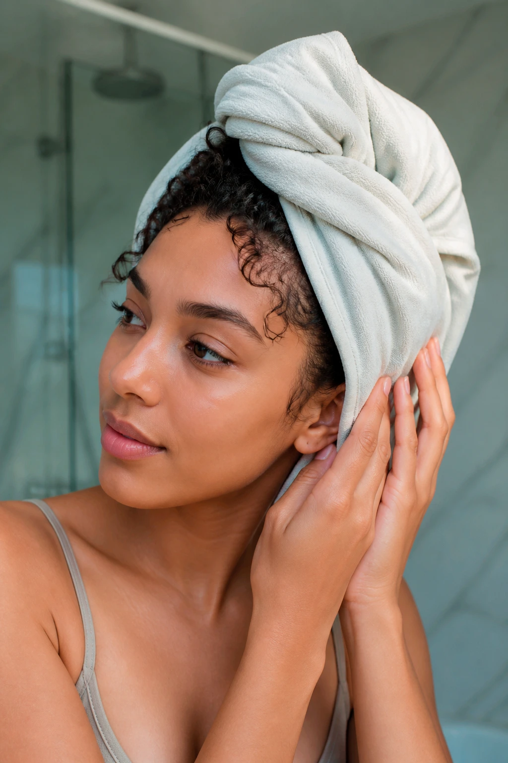 Close-up of a real person with hair wrapped in a microfiber towel to avoid frizz.