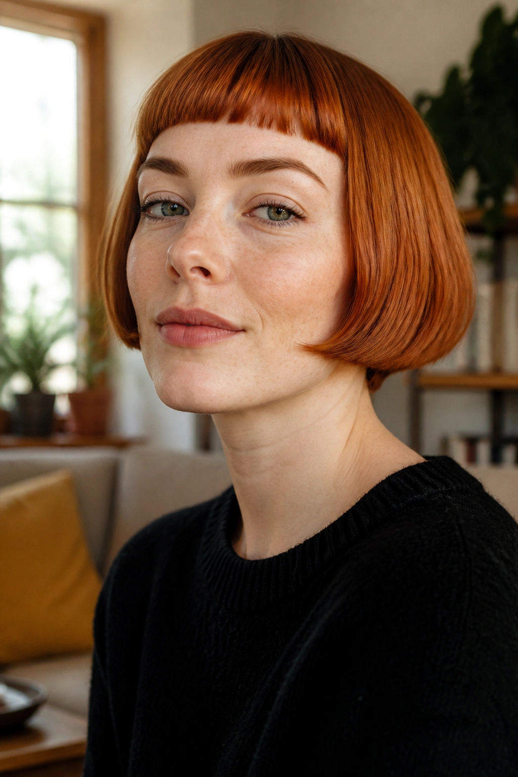 Close-up portrait of a real person with a bold micro fringe bob on bright ginger hair in natural window light
