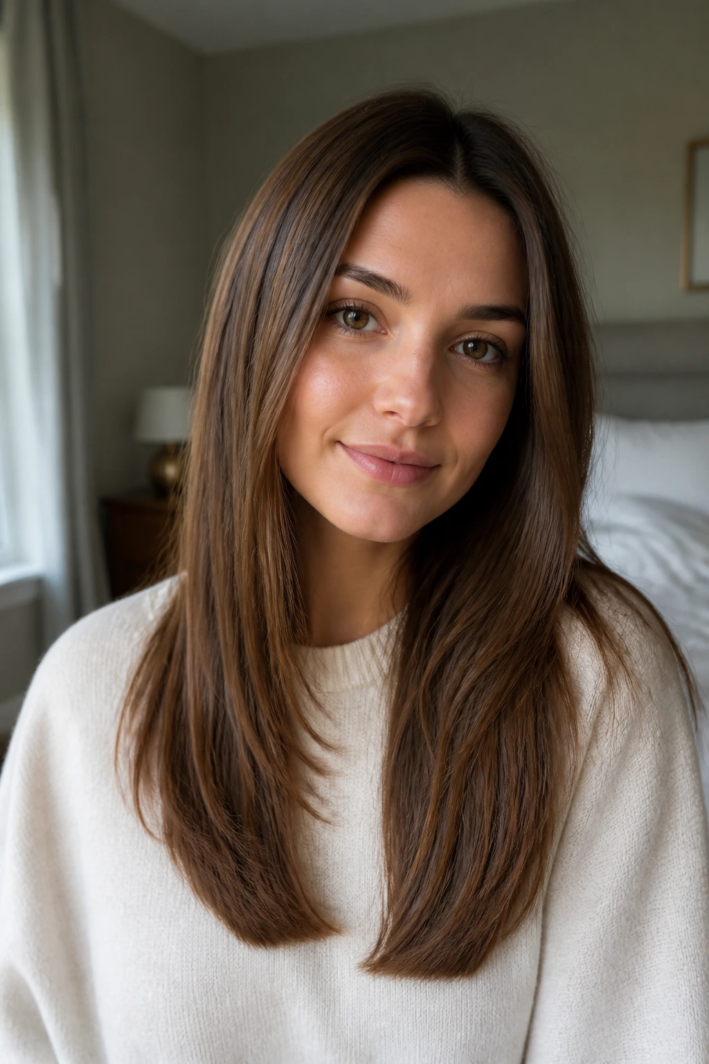 Close-up portrait of a real woman with soft mid-back straight hair in natural light.