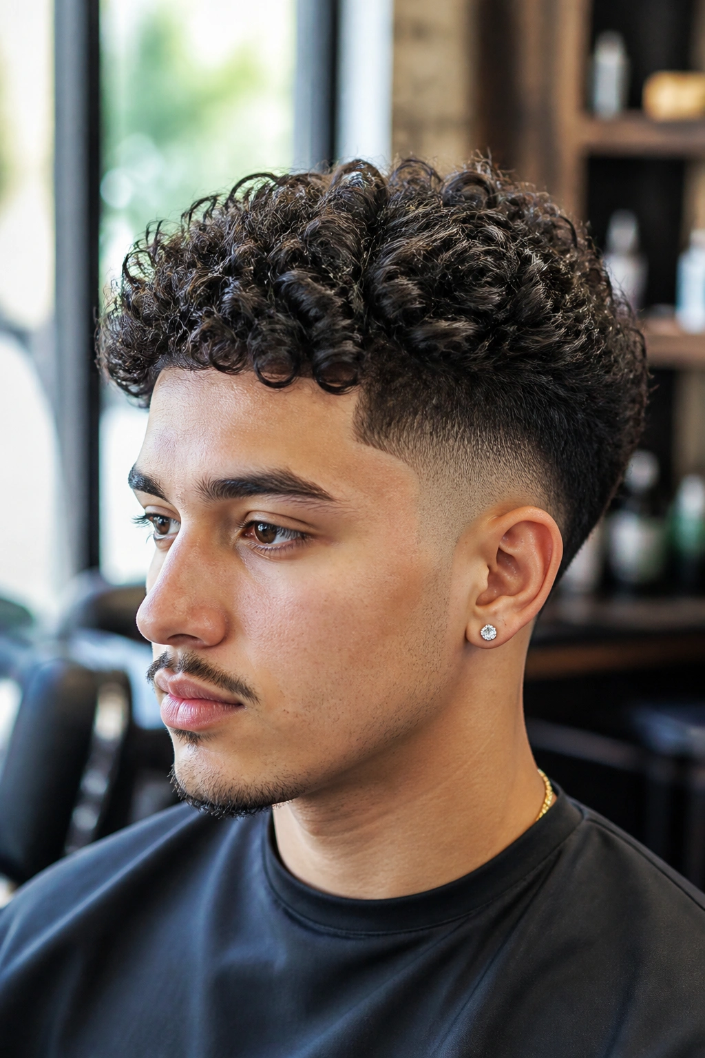 Close up of a man with a mid curly taper fade in a barber shop