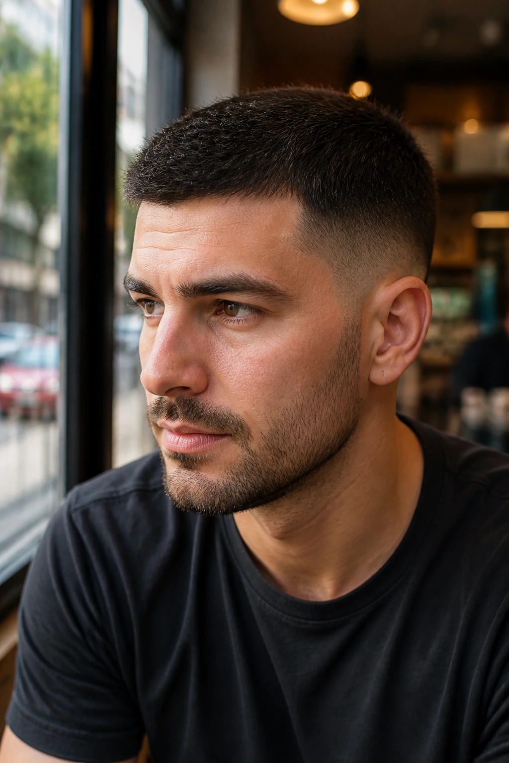 Close-up of a man with a mid fade crew cut in a sunny cafe setting