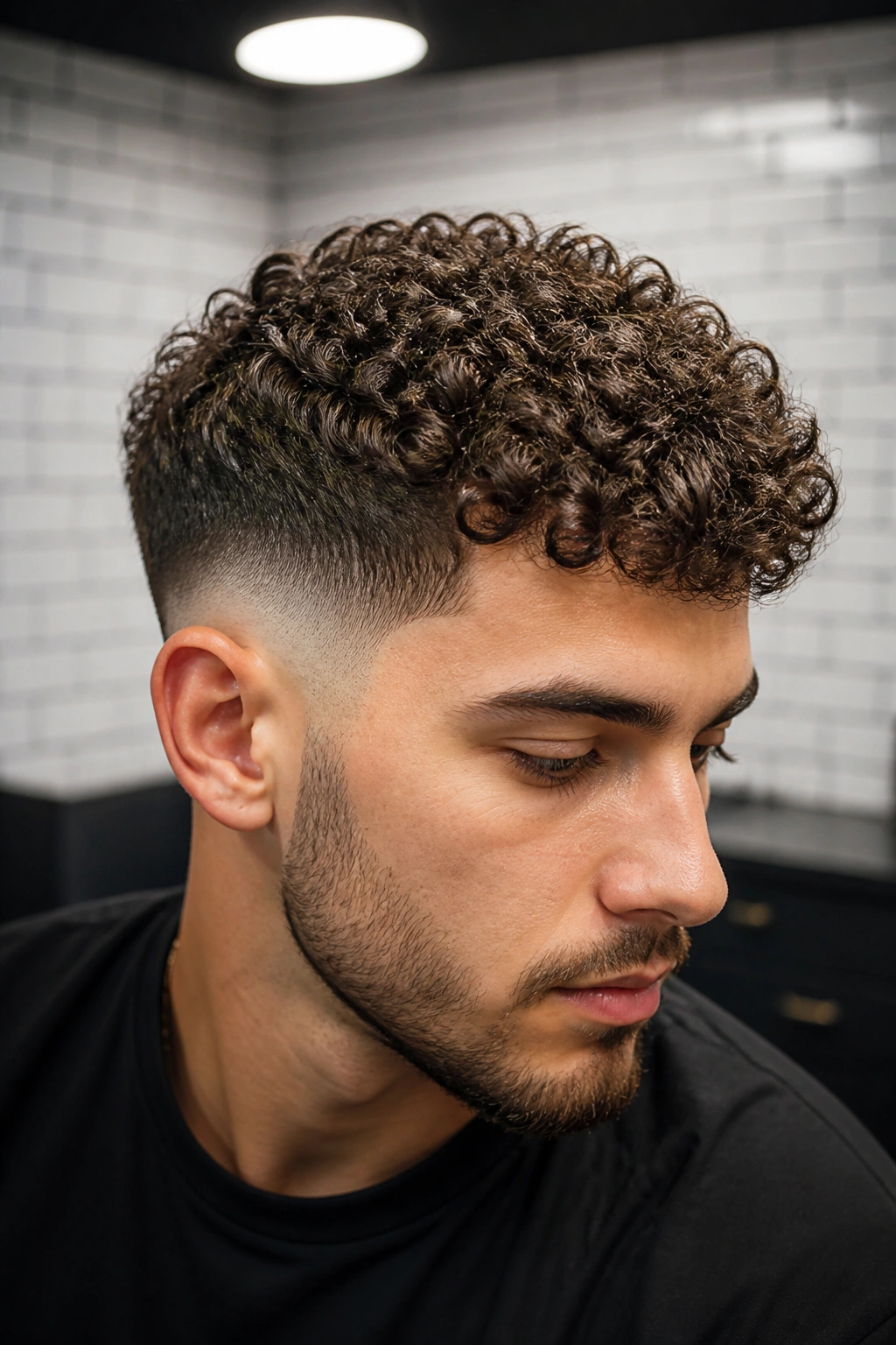 Close-up portrait of a man with a mid fade curly crop hairstyle