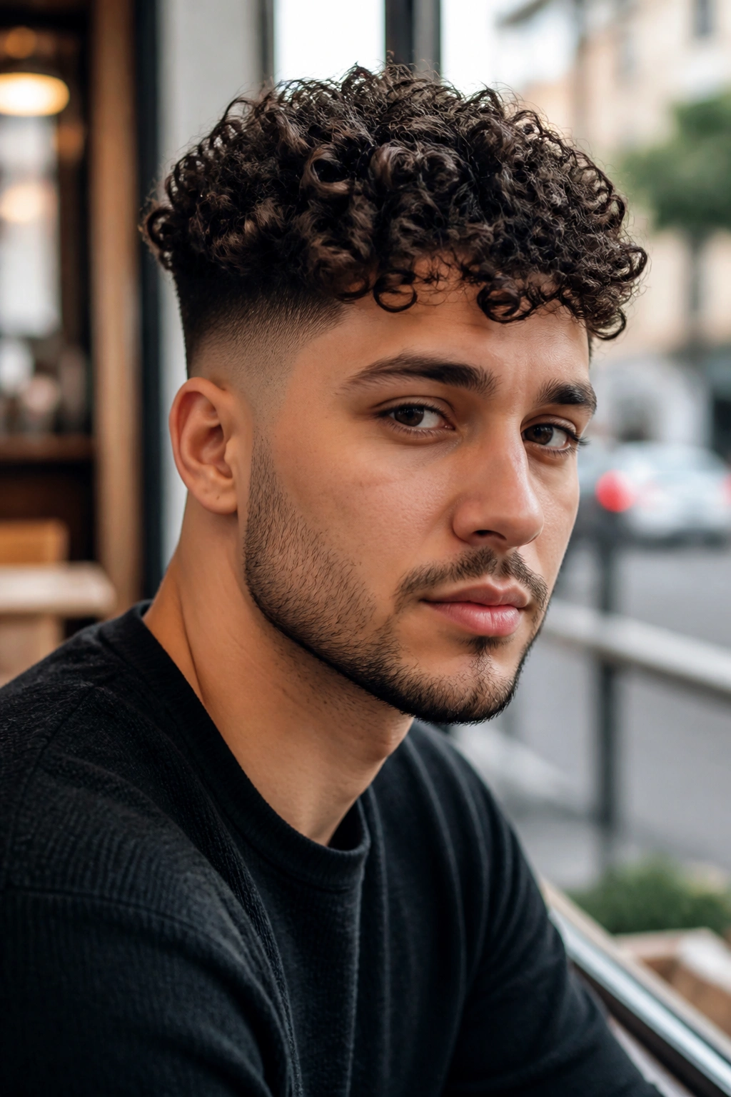 Close-up of a man with a mid fade and defined ringlets in a cafe setting