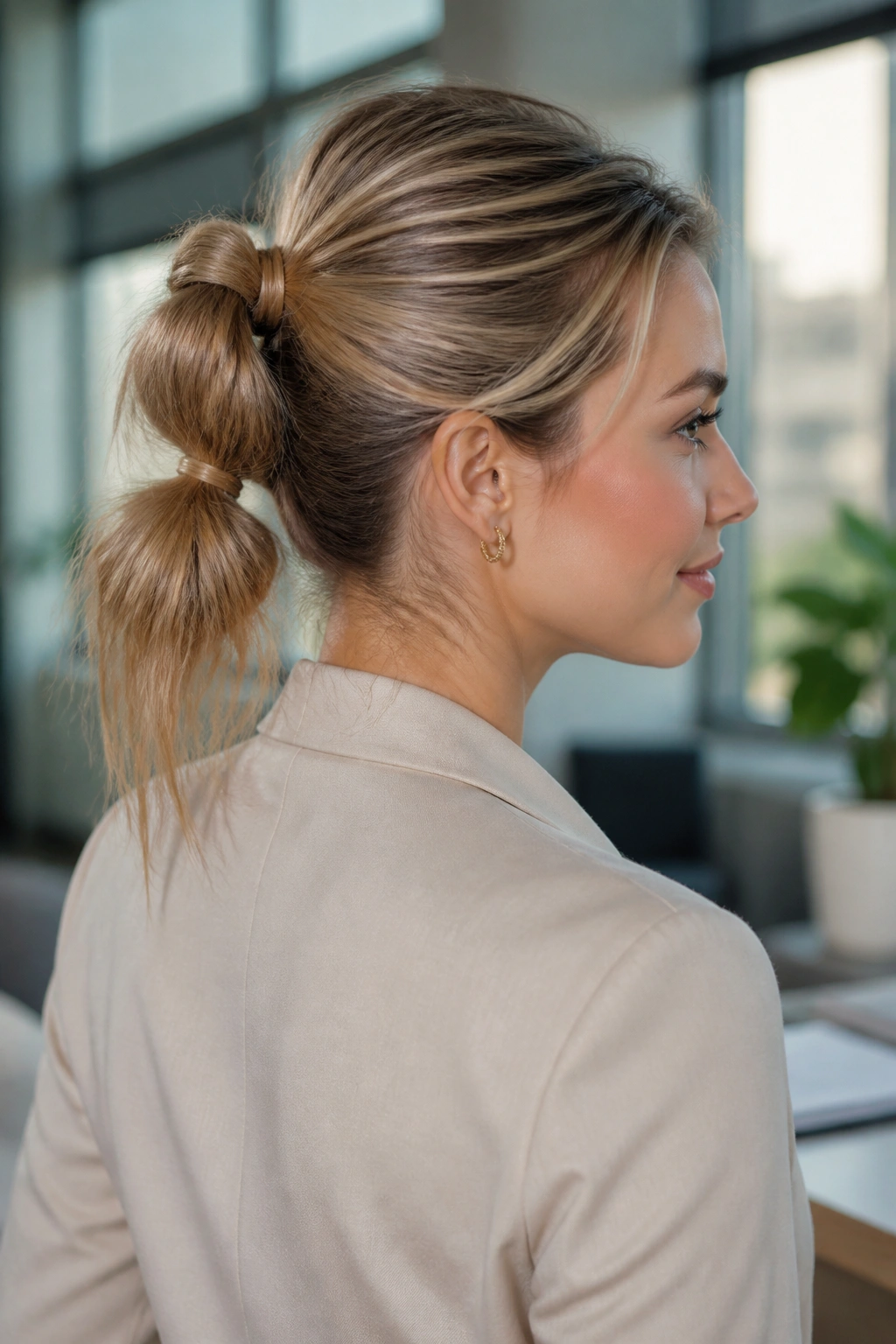 Portrait of a real woman with a mid-height double knot ponytail between crown and nape, softly lit indoors.