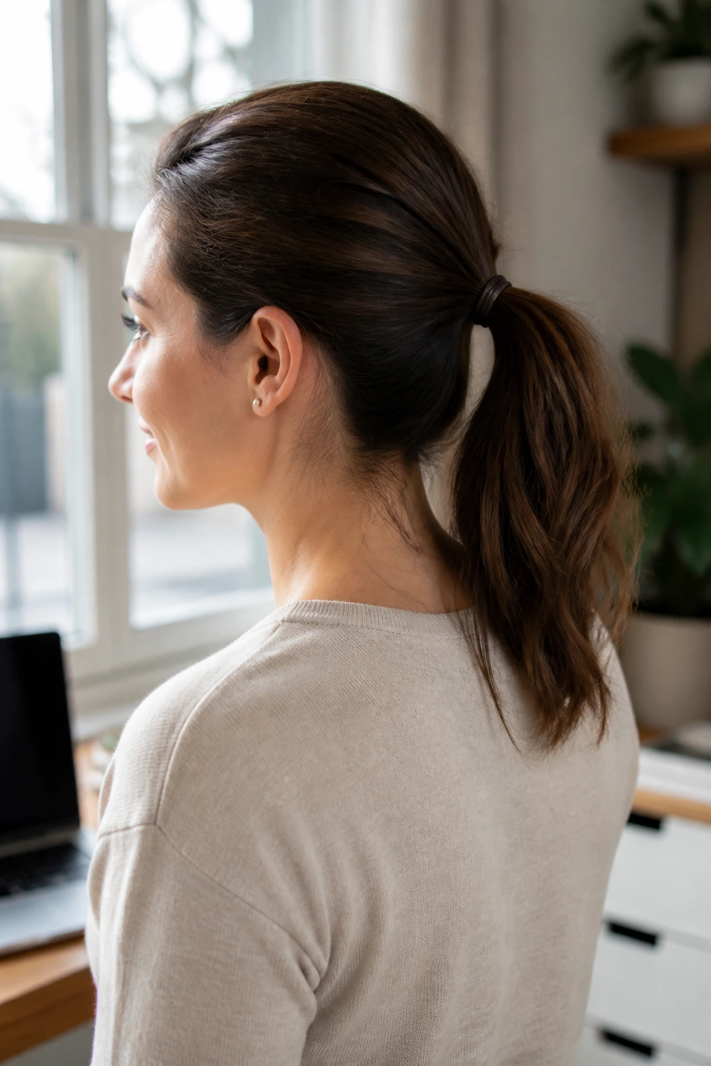 Close-up of a real woman with a mid-height ponytail at ear level