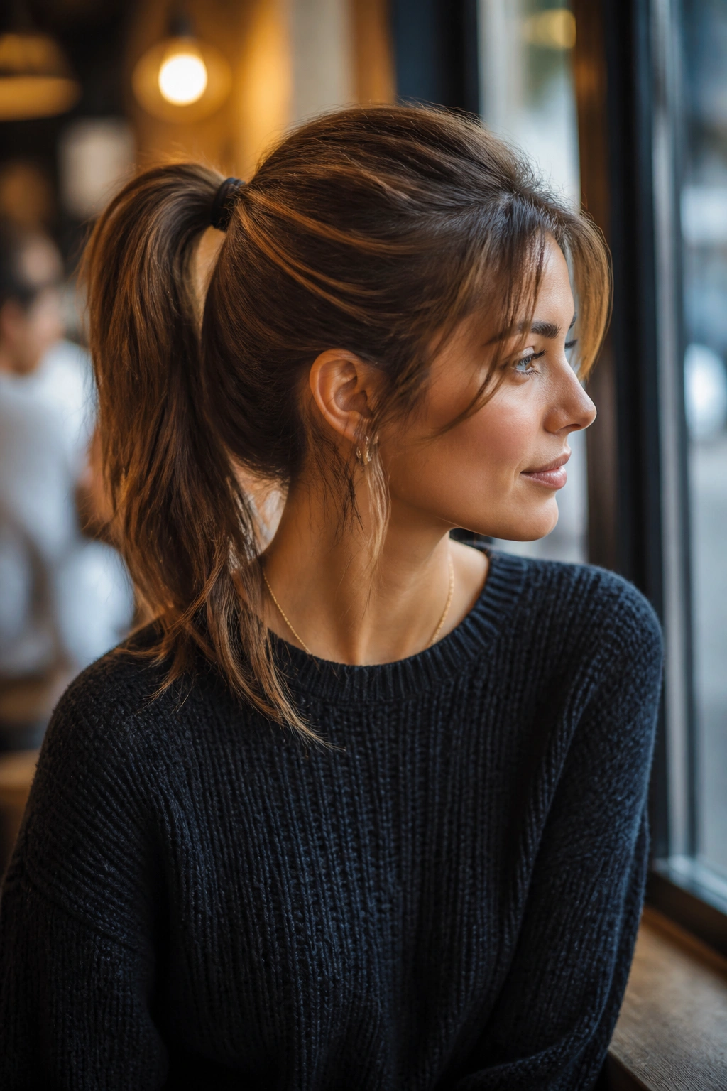 Close-up of a woman with a mid-height ponytail in warm cafe light