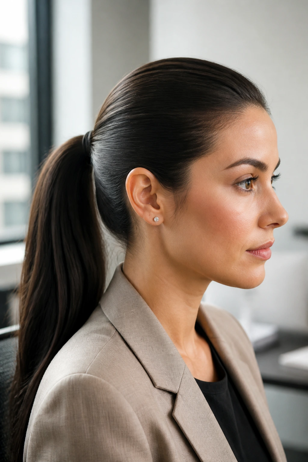 Close-up of a real woman with a mid-height sleek ponytail.